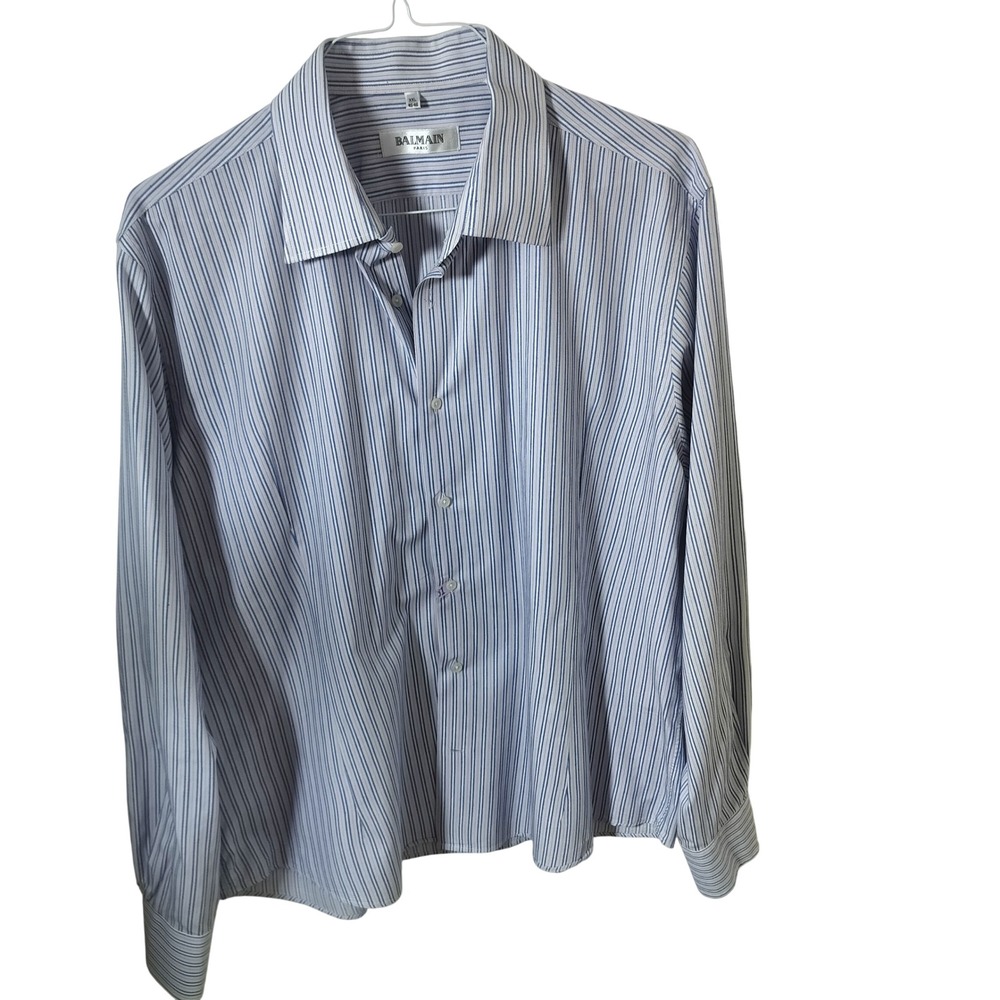 Balmain Paris Mens XXL Blue White Striped Long Sleeve Button Down Dress Shirt